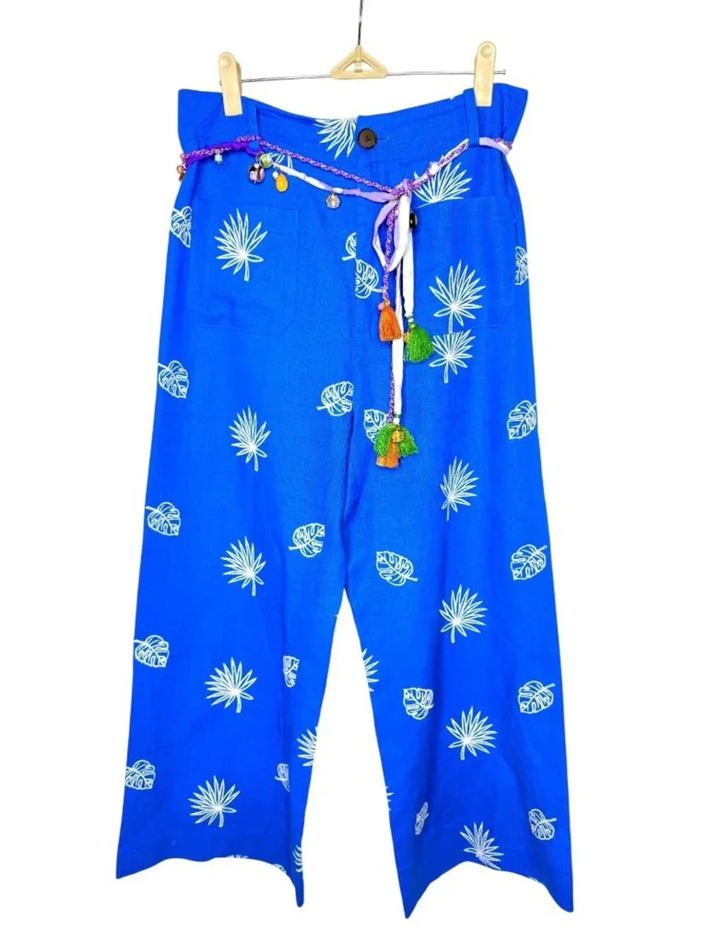 Zara Blue Wide-Leg Cropped Pants w/Embroidery High-Waist Size Small with Belt